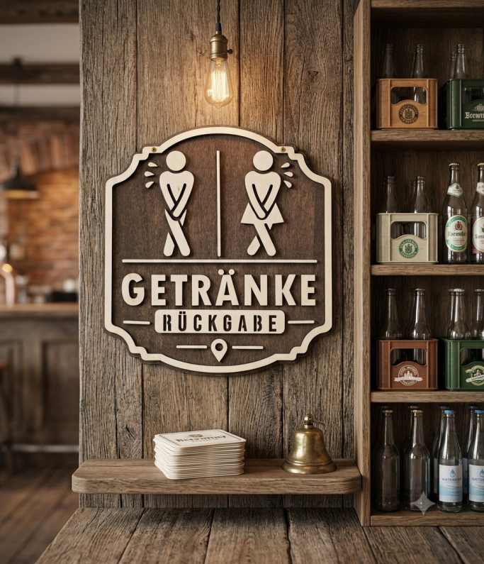 Holzschild mit dem Schriftzug „Getränke Ecke“ und symbolischen Figuren für Männer und Frauen.